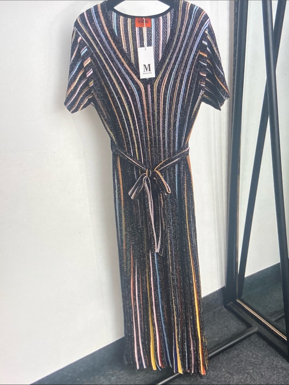 MISSONI Women Striped Knit Midi Dress V Neck Waist Tie Dress